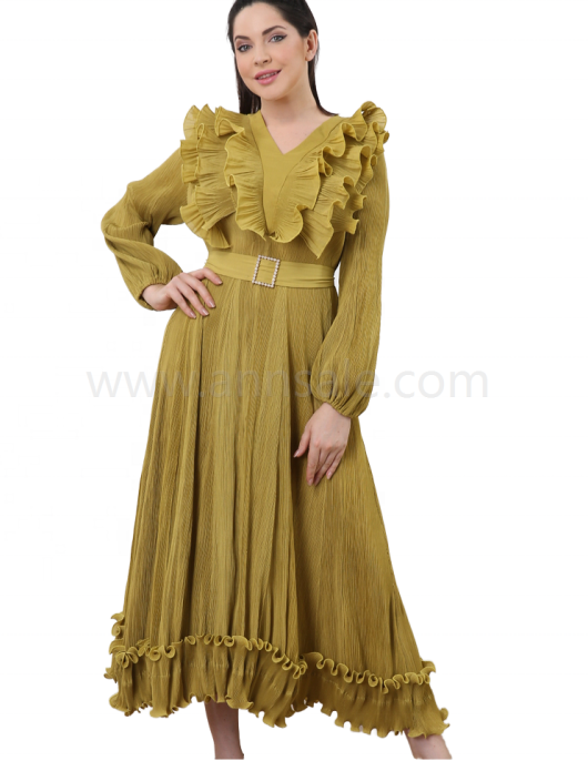 High Quality Luxury Satin Maxi Dress with Pleated Design Elegant Casual Long Sleeved Plus Size Dress Modest Style with Belt