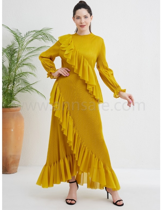 New 2024 miyake women's pleated dress long sleeve maxi dress casual style pleated dress