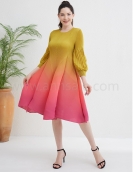 Miyake Women's Round Neck Pleated Dresses Women Puffy  Dress Summer Gradient Dress