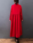 #6824 Autumn Winter Corduroy Dress Polo Neck Buttons A-line Dress Ankle-length Vintage Long Shirt Dress Loose Black Blue Red