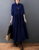 #6824 Autumn Winter Corduroy Dress Polo Neck Buttons A-line Dress Ankle-length Vintage Long Shirt Dress Loose Black Blue Red