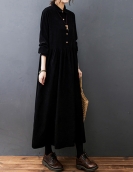 #6824 Autumn Winter Corduroy Dress Polo Neck Buttons A-line Dress Ankle-length Vintage Long Shirt Dress Loose Black Blue Red