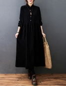 #6824 Autumn Winter Corduroy Dress Polo Neck Buttons A-line Dress Ankle-length Vintage Long Shirt Dress Loose Black Blue Red