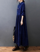 #6824 Autumn Winter Corduroy Dress Polo Neck Buttons A-line Dress Ankle-length Vintage Long Shirt Dress Loose Black Blue Red