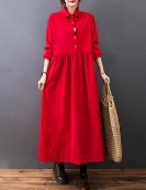 #6824 Autumn Winter Corduroy Dress Polo Neck Buttons A-line Dress Ankle-length Vintage Long Shirt Dress Loose Black Blue Red