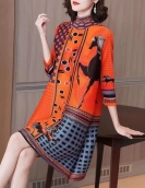 Fashion retro plexue dress female 2023 spring national wind printed high-end foreign air large A word skirt long sleeve dress