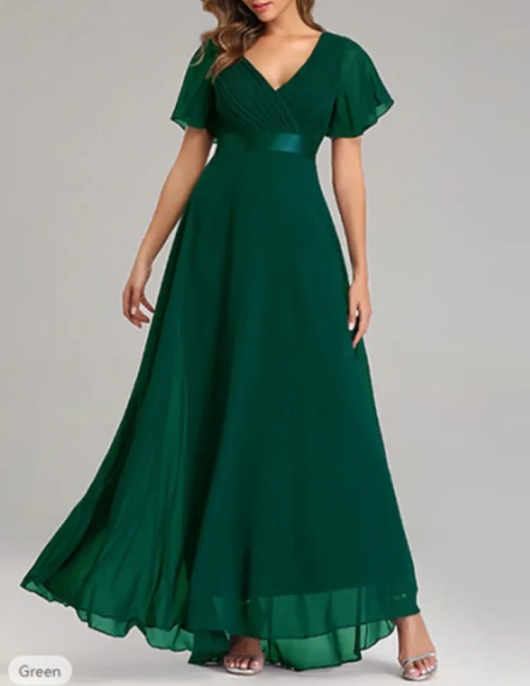 Women Plus Size Chiffon Dress V-Neck Elegant Casual Short Sleeve Pleated Sweet Evening Wedding Guest Summer Long Dresses 2024