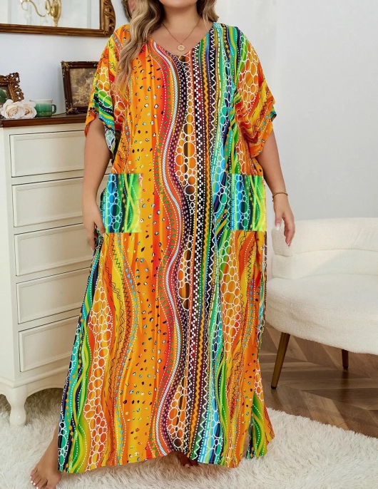 Plus Size Women's V-neck Casual Full Body Printed with Pockets Loose Long Dress Fashion Dress Daily Simple and Versatile Dress