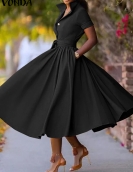 Plus Size 5XL VONDA Women Elegant Office Dress 2024 Autumn Belt Turn-down Collar Sundress OL Lady Dress Vestidos Femme Robe