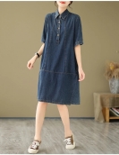 2024 Summer New Korea Woman Dress Vestidos Robe Elbise Loose Plus Size Fashion Polo Short Sleeve Denim Dresses