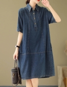 2024 Summer New Korea Woman Dress Vestidos Robe Elbise Loose Plus Size Fashion Polo Short Sleeve Denim Dresses