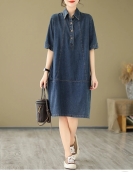 2024 Summer New Korea Woman Dress Vestidos Robe Elbise Loose Plus Size Fashion Polo Short Sleeve Denim Dresses