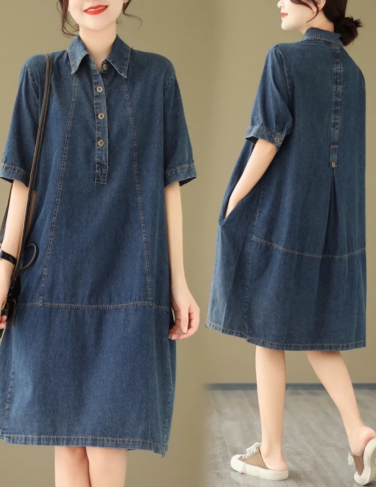 2024 Summer New Korea Woman Dress Vestidos Robe Elbise Loose Plus Size Fashion Polo Short Sleeve Denim Dresses