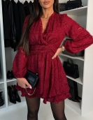 Vintage Lady V Neck High Waist Short Dress New Autumn Elegant Long Sleeved Pleated Party Dress Sexy Slim Solid Color Mini Dress