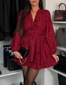 Vintage Lady V Neck High Waist Short Dress New Autumn Elegant Long Sleeved Pleated Party Dress Sexy Slim Solid Color Mini Dress